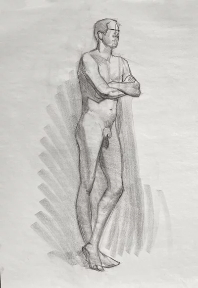 Life drawing of man leaning against the atelier wall