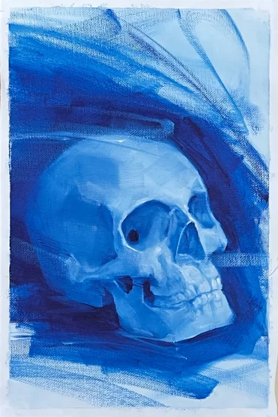 Monochrome blue skull study painted with oil