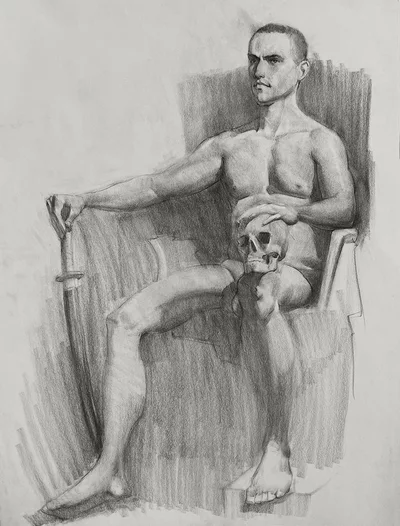 Charcoal drawing of a man with a skull