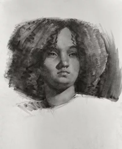 Drawing of young woman with curly hair