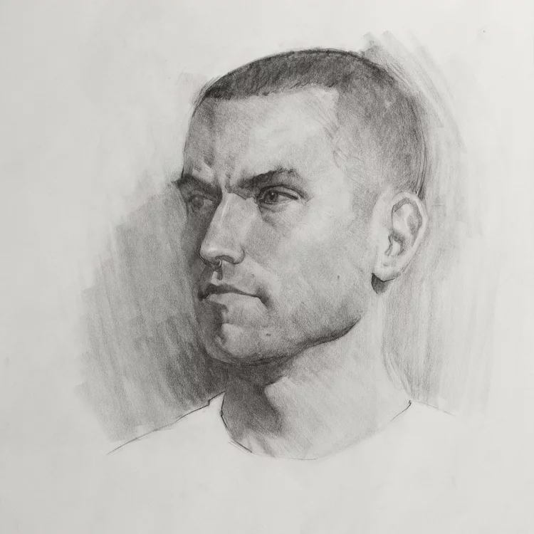 Portrait of man drawn in charcoal
