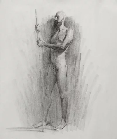 Charcoal drawing of a man with a stick