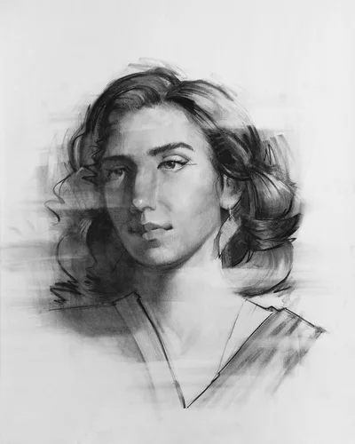 charcoal portrait of a woman with black hair