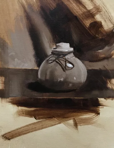 Still life painting of a small pot