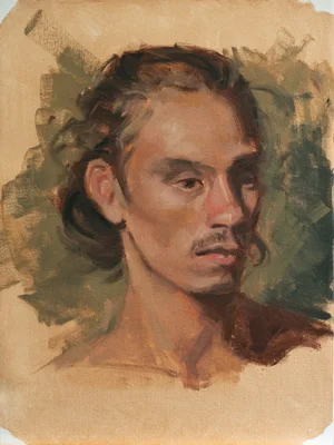 Portrait mit Öl gemalt, junger Mann mit Zopf